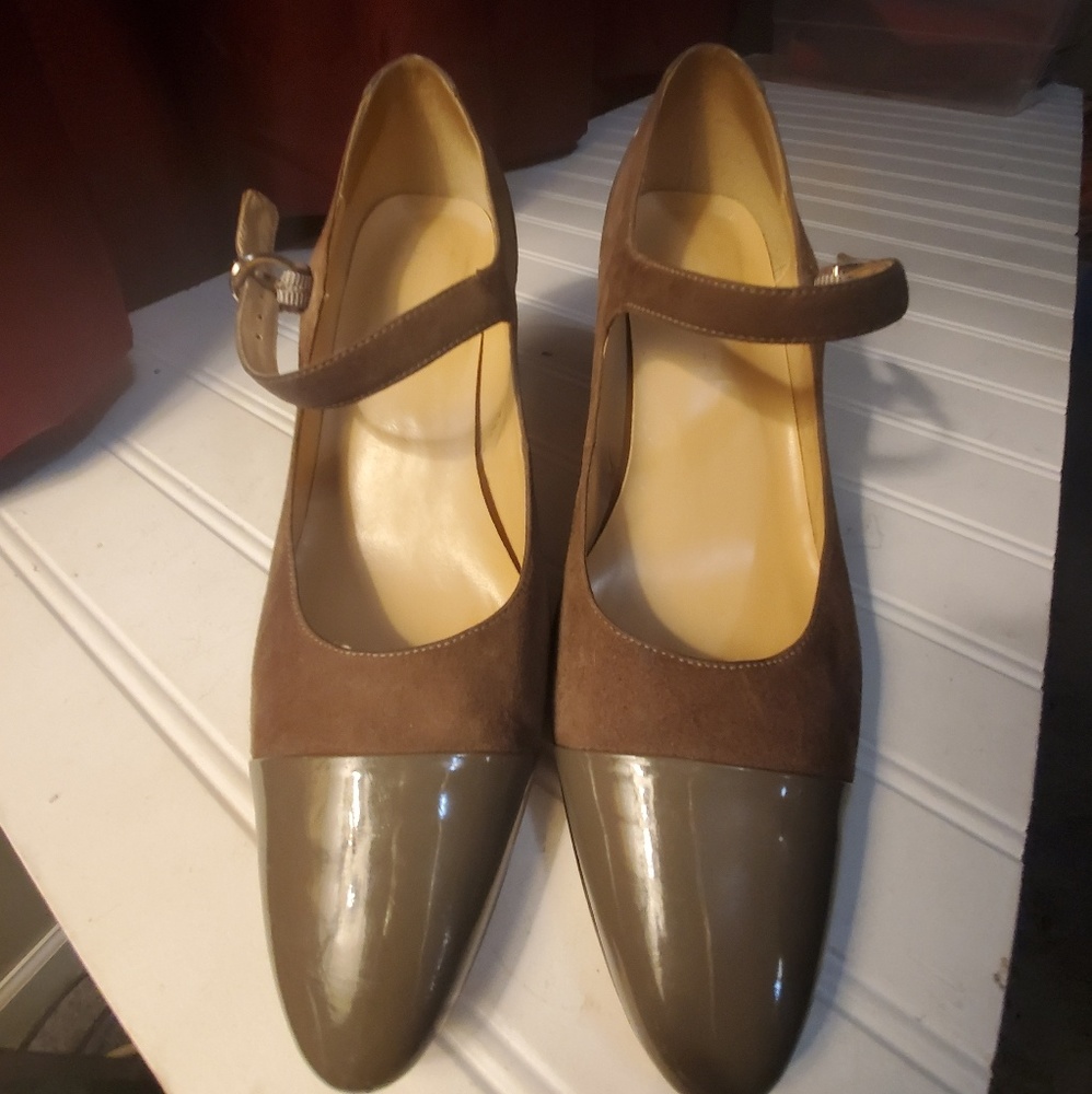 Taupe patent and suede heels